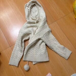Women's Cream Cable Knit Hooded Sweater with Pom Pom